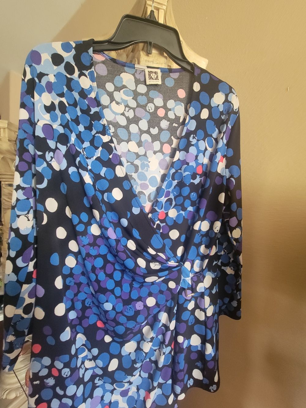 Anne Klein Blue & White Polka Dot Wrap-Style Blouse